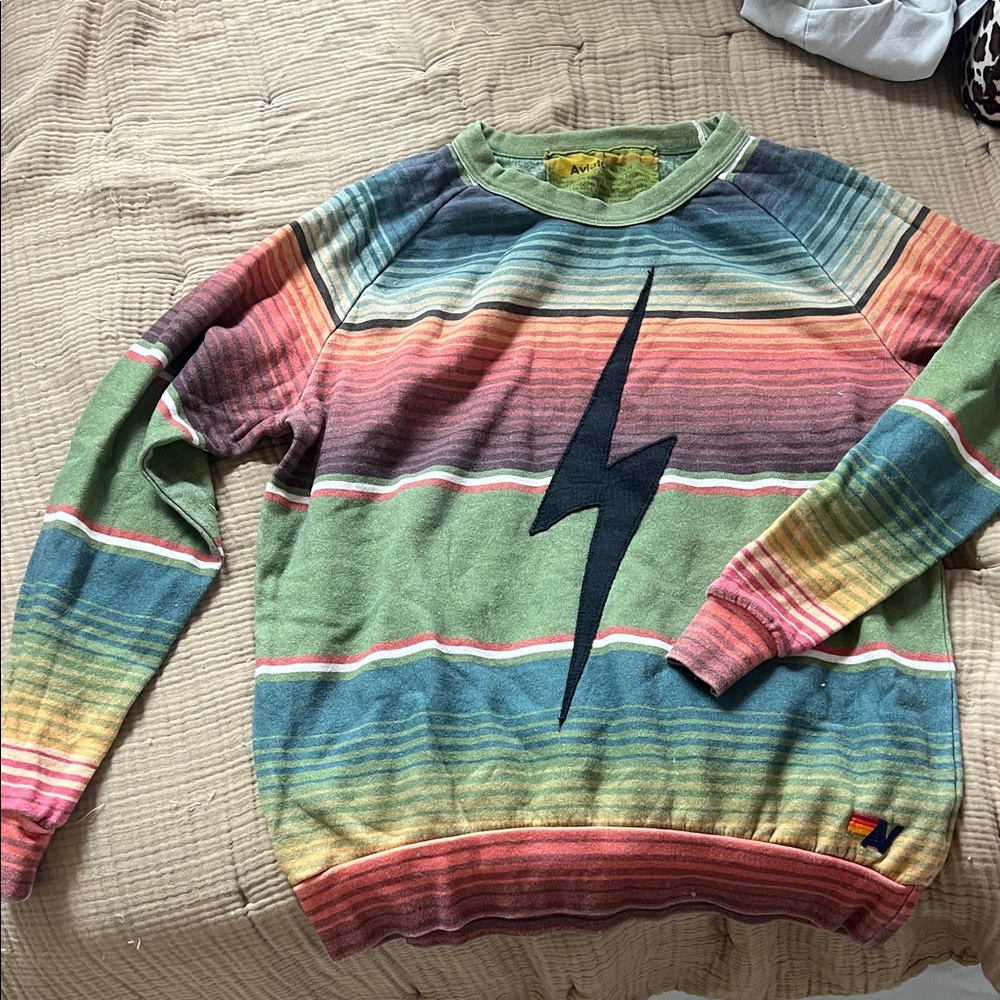 Aviator Nation Rainbow Striped Hoodie with Lightning Bolt